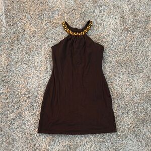 Moda International Brown Halter Beaded Neck Mini Dress